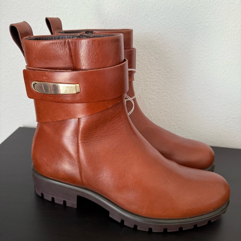 ECCO Modtray HYDROMAX TrayTech Leather Ankle Boots Bootie in Tan Cognac